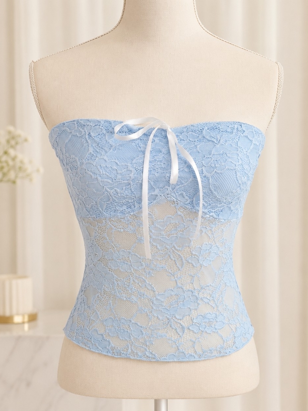 Princess Polly Light Blue Lace Strapless Tube Top with Satin Bow, NWT - Picture 6 of 9